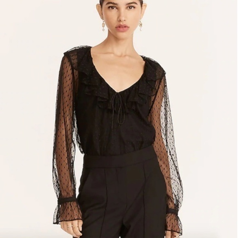 NWT J. Crew Sheer Ruffleneck Top in Clip Dot Size XS 
Color Black